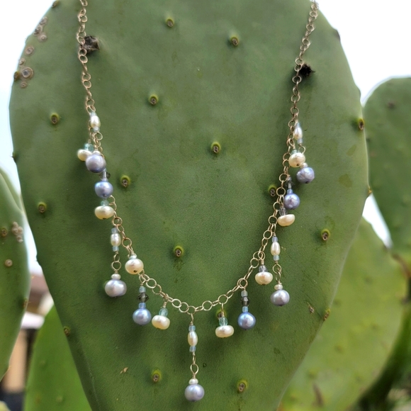 USA Handmade Necklace hand-wire-wrapped Freshwater pearl sterling silver & glass - Picture 3 of 7